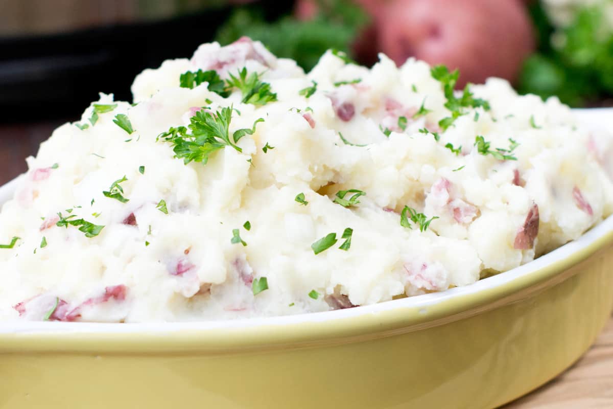 Slow Cooker Mashed Potatoes in a dish. 