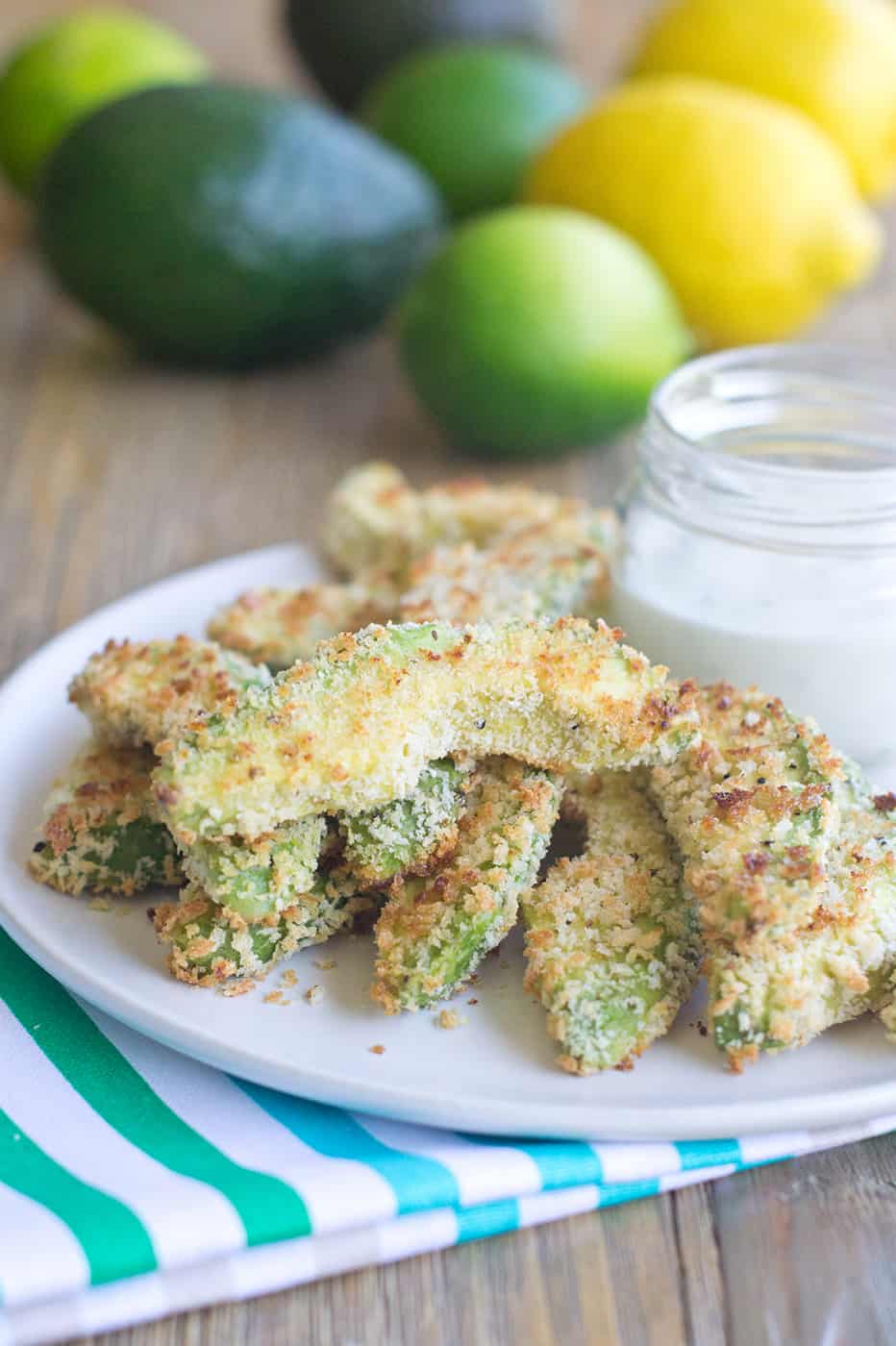 Breaded avocado fries with dip. 