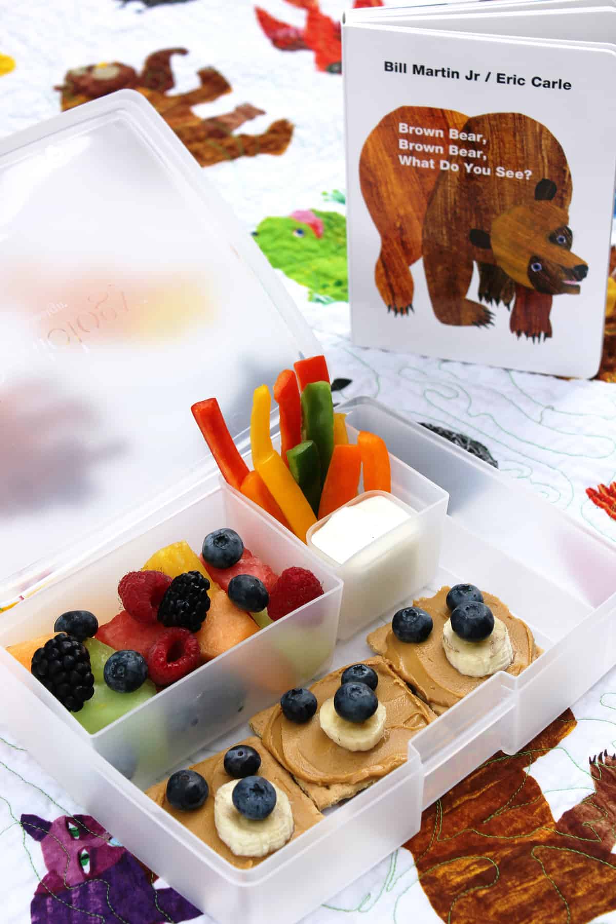 how to make a brown bear bento box with rainbow fruit salad 