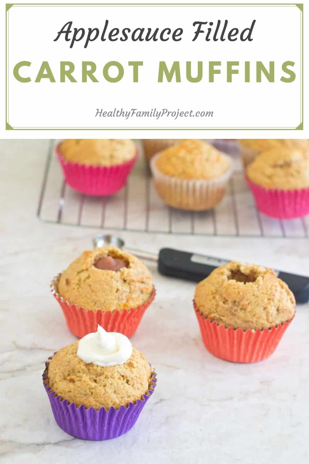 applesauce filled carrot muffins with a Greek Yogurt frosting 
