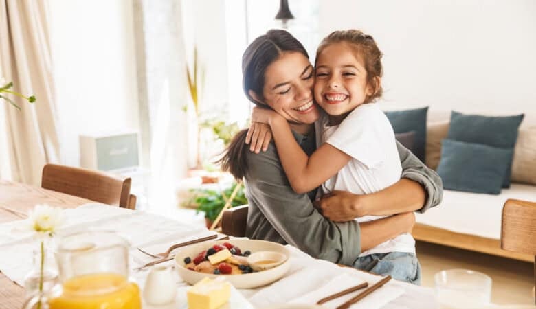 Mother and son having a nutritious breakfast together.