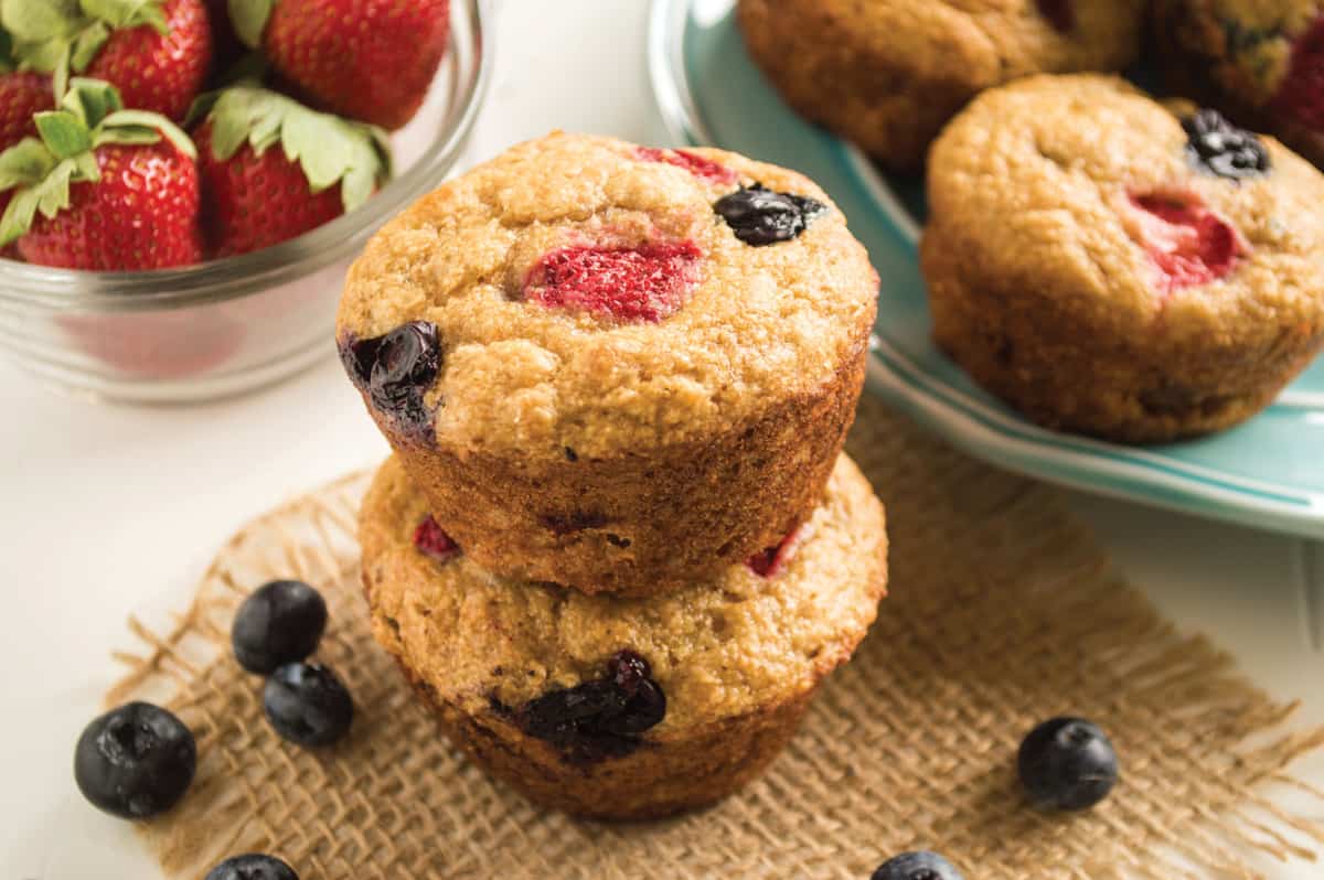 Mixed Berry Whole Wheat Muffins stacked. 