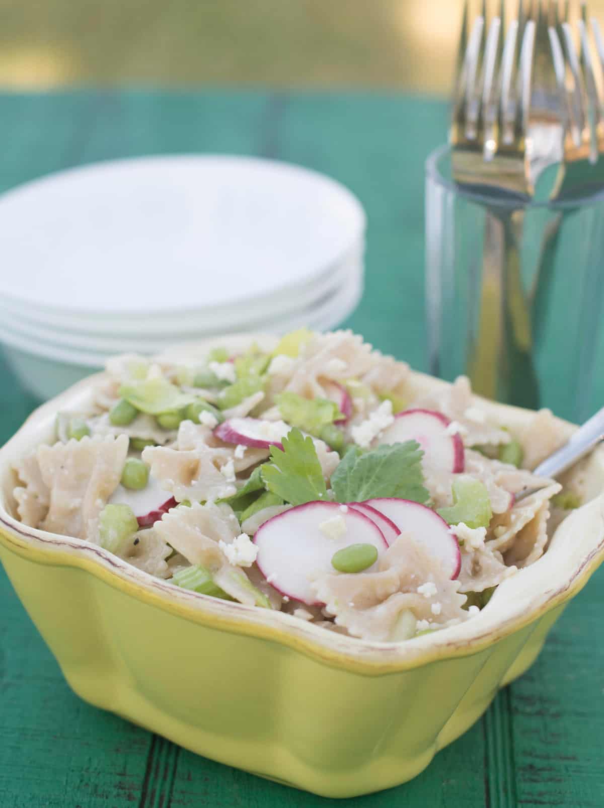 Fresh Spring Pasta Salad with celery and radishes 