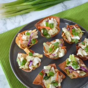 Sesame Chicken Wonton Cups - Looking for a new way to serve salad? Why not turn it into these fun wonton cups for a healthy appetizer? Just a few ingredients required – wonton wrappers, a chopped salad kit and chicken – to make a fun dish everyone will rave about!