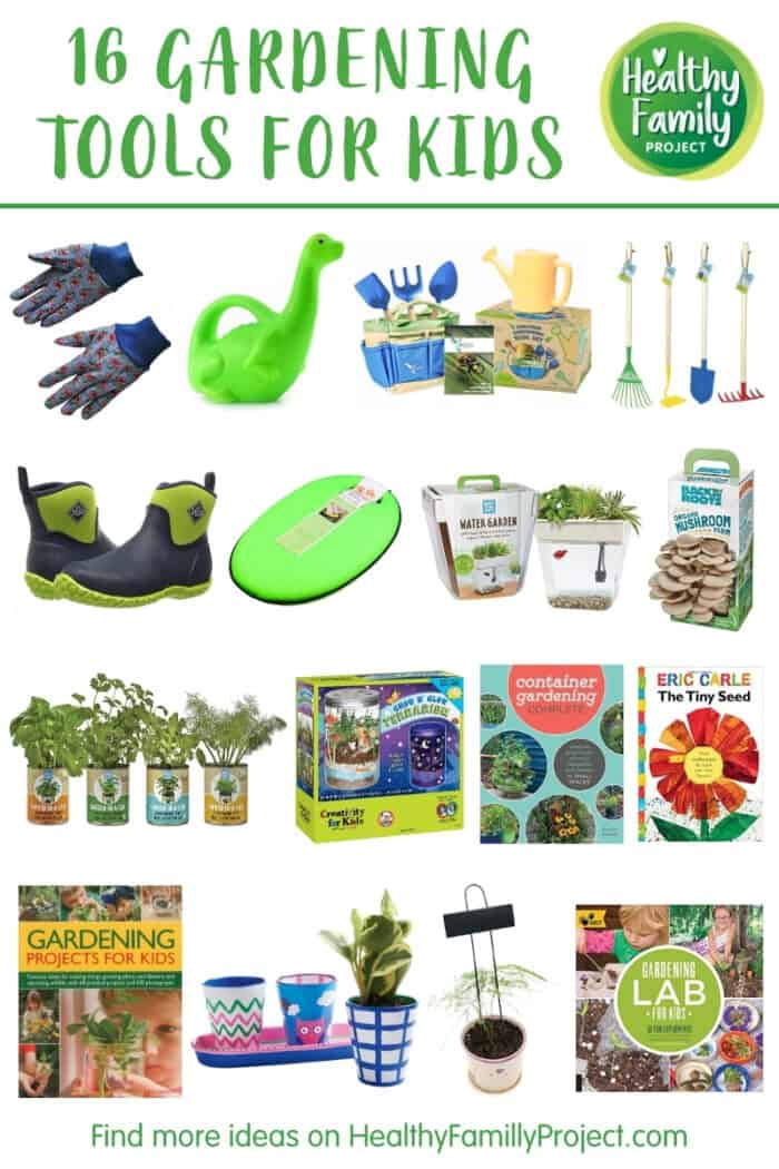 Collage of gardening tools for kids.