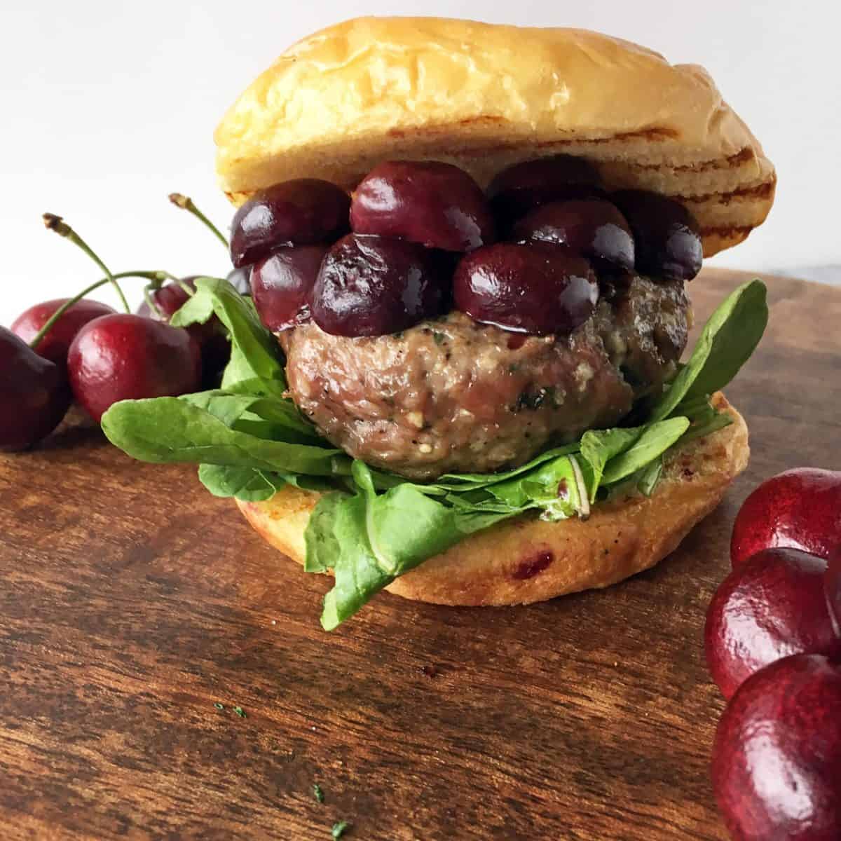 Lamb Burger with Sweet Red Cherries & Arugula