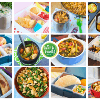 Collage of warm lunchbox ideas for winter featuring kid-friendly meals like soup, pasta, chicken and vegetables, empanadas, mini egg bites, salad boxes, and hot thermos lunches, showing easy healthy school lunch ideas for kids.