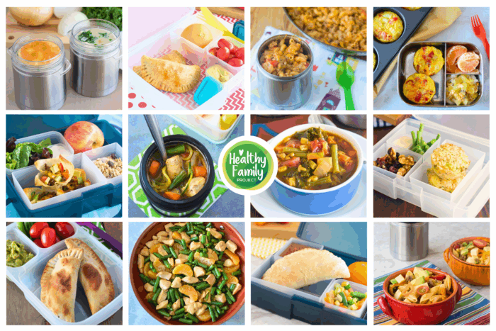 Collage of warm lunchbox ideas for winter featuring kid-friendly meals like soup, pasta, chicken and vegetables, empanadas, mini egg bites, salad boxes, and hot thermos lunches, showing easy healthy school lunch ideas for kids.