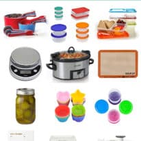 Collage of meal prep tools on white background.