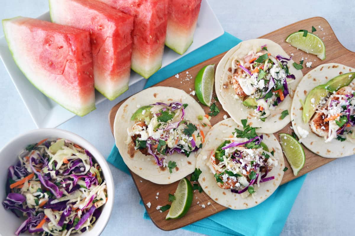 Baked Fish Tacos with Watermelon Rind Slaw