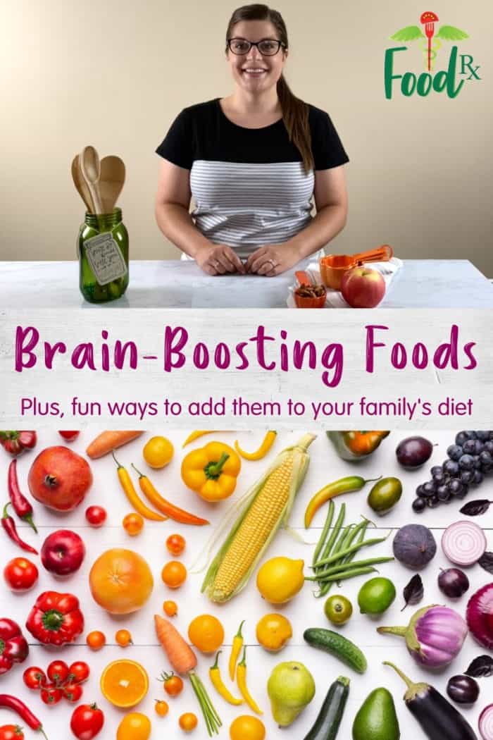 Collage image of woman standing behind kitchen counter stacked on top of image of rainbow fruits and veggies