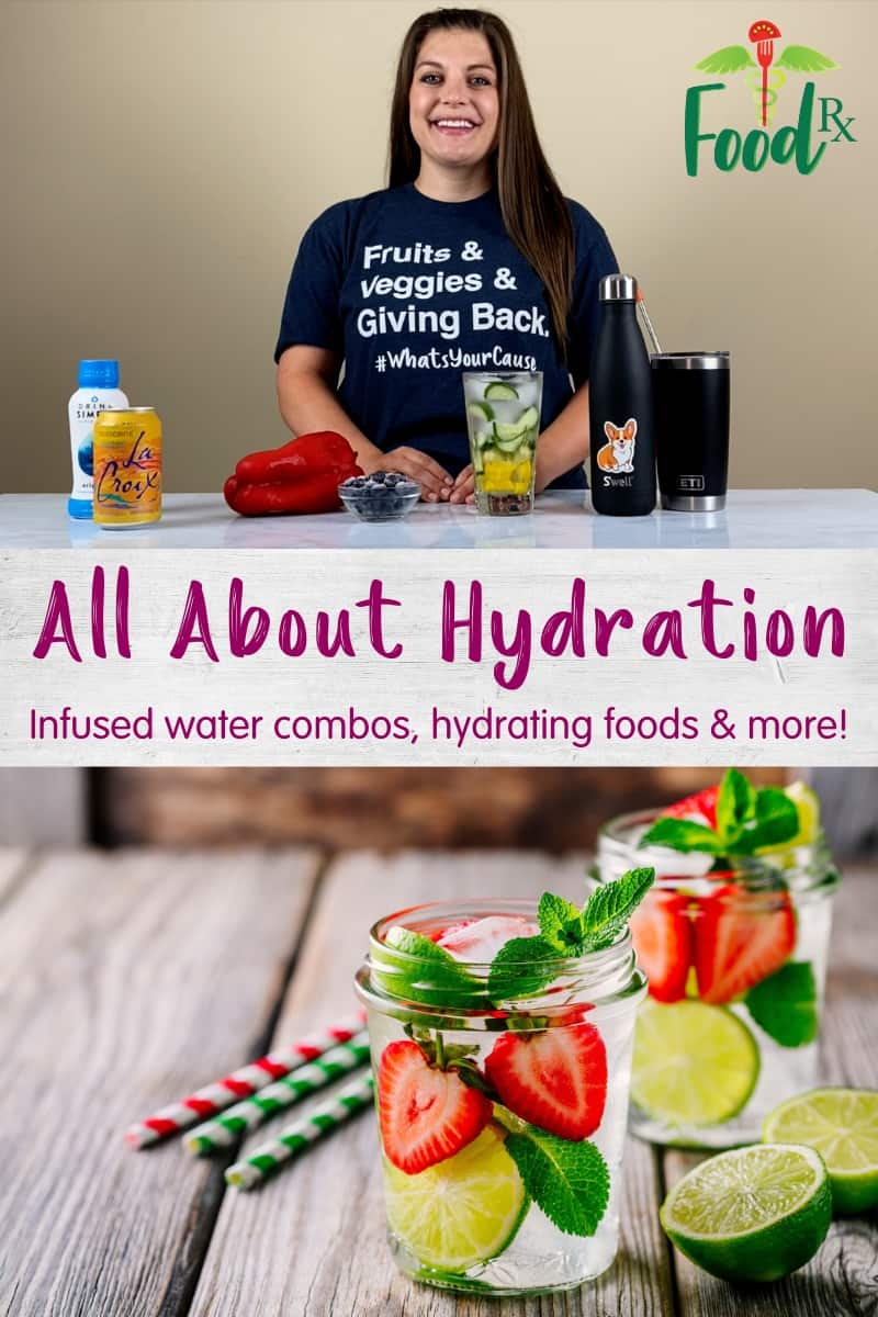 Collage image of woman behind table with various drinks and an image of strawberry, lime and mint infused water