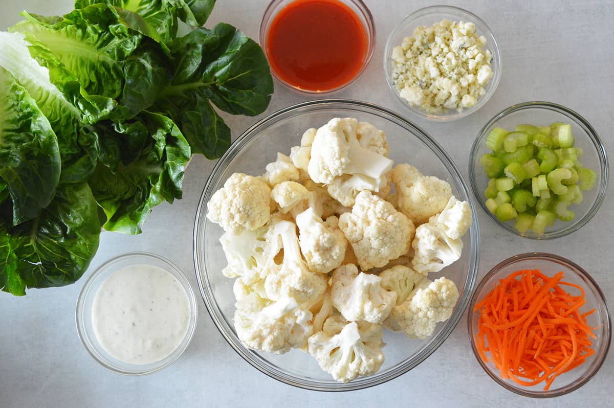 Buffalo Lettuce Wraps- Ingredients for buffalo cauliflower wrap in bowls