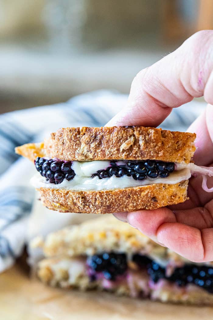 Straight-on view of blackberry grilled cheese in hand