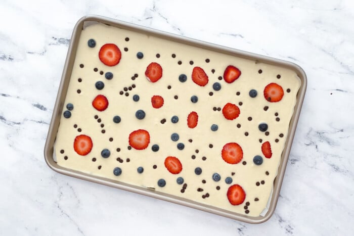 Sheet Pan Pancake mix and berries as toppings.