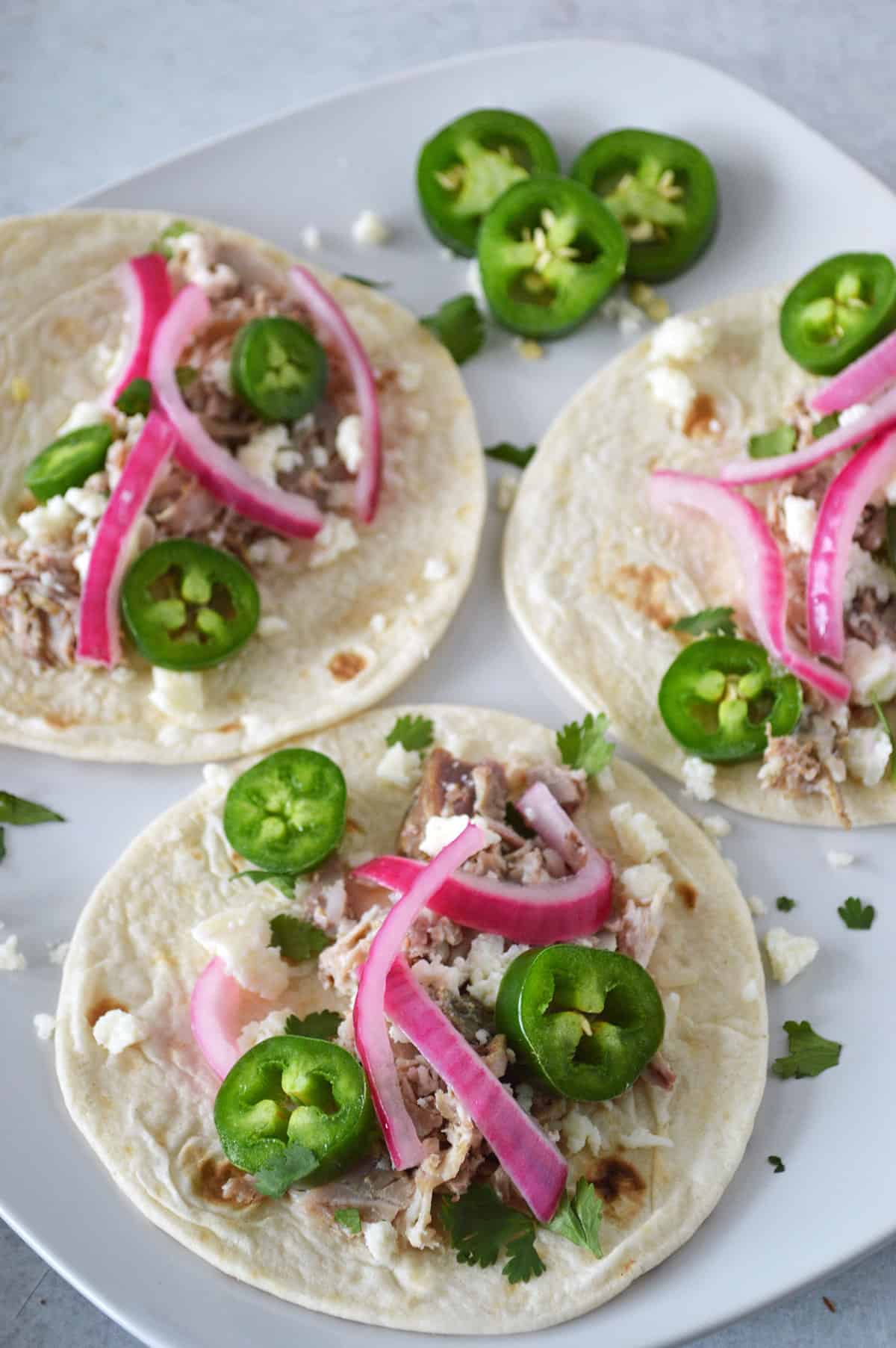 Tacos topped with pickled red onions, jalapenos, shredded pork, cilantro and cheese.
