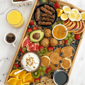 Overhead of breakfast grazing board filled with mini waffles, pancakes, fruit, hard-boiled eggs, sausage links, yogurt and more.