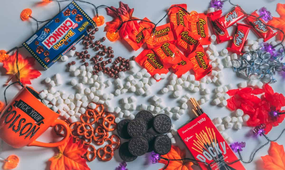 Halloween treats like chocolates, marshmallows, pretzels, and more.