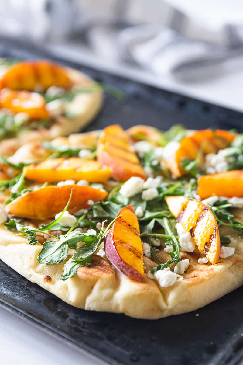 Best Grilled Peach and Goat Cheese Flatbread with arugula