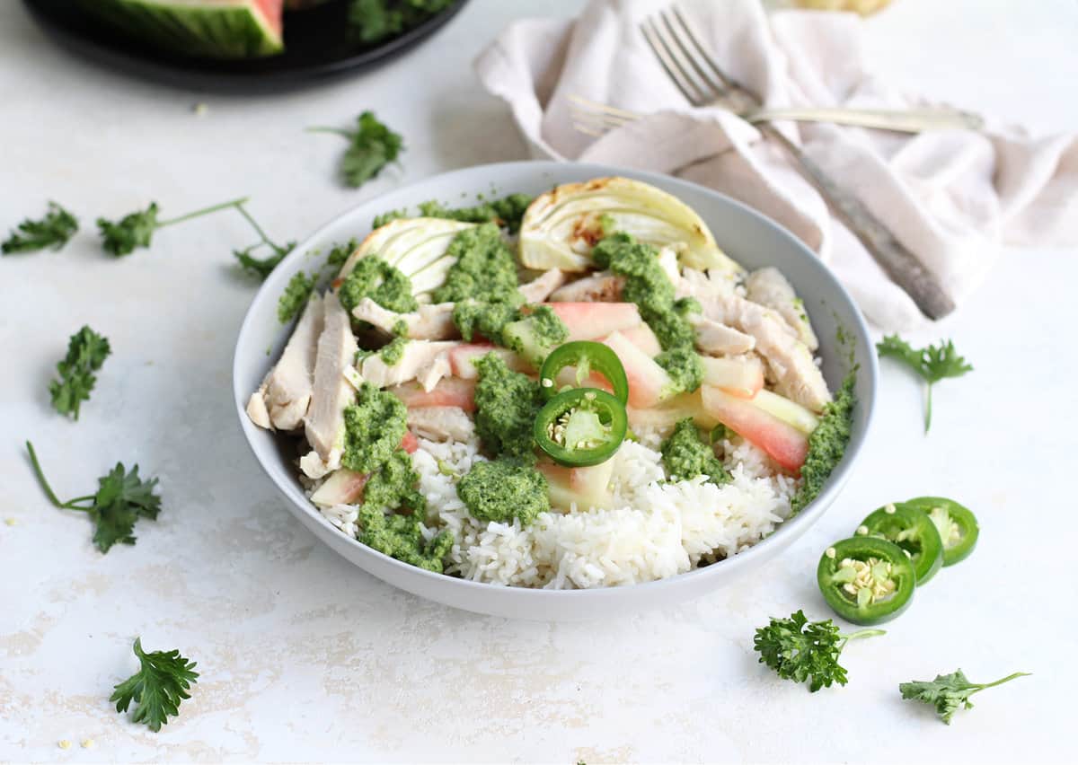 Chicken and Spicy Pickled Watermelon Rind Rice Bowls