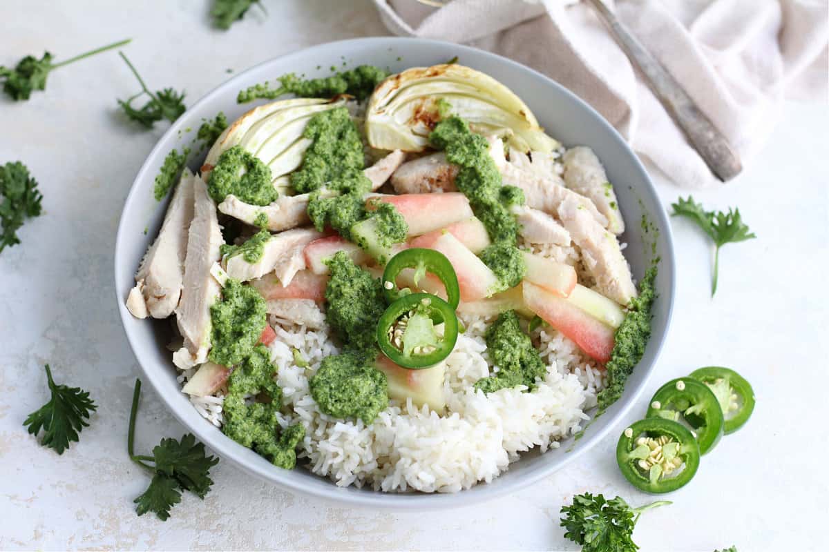 Best Chicken and Spicy Pickled Watermelon Rind Rice Bowls