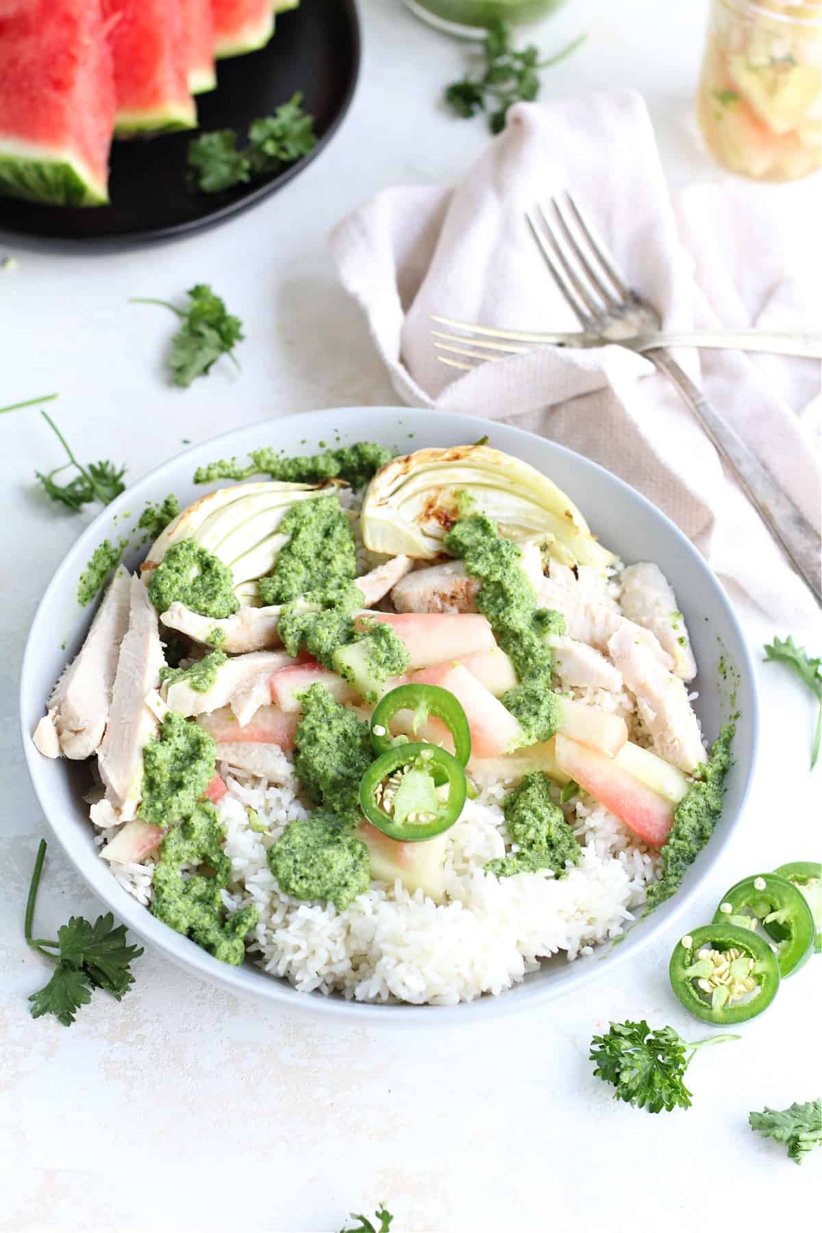 Easy Chicken and Spicy Pickled Watermelon Rind Rice Bowls