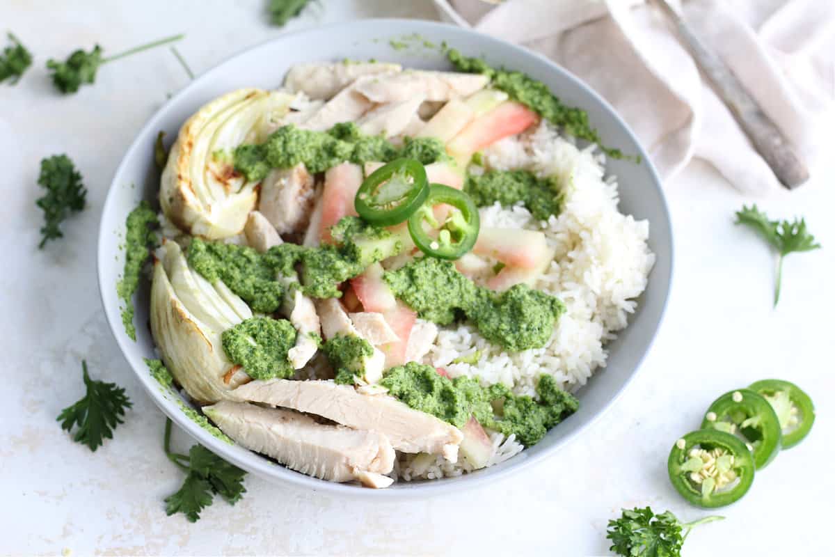 Tasty Chicken and Spicy Pickled Watermelon Rind Rice Bowls