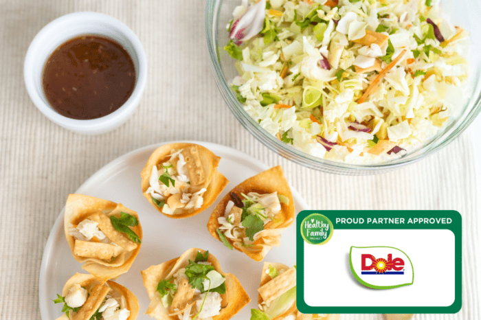 Easy baked chicken wonton cups with cabbage slaw and dipping sauce, perfect for a healthy appetizer