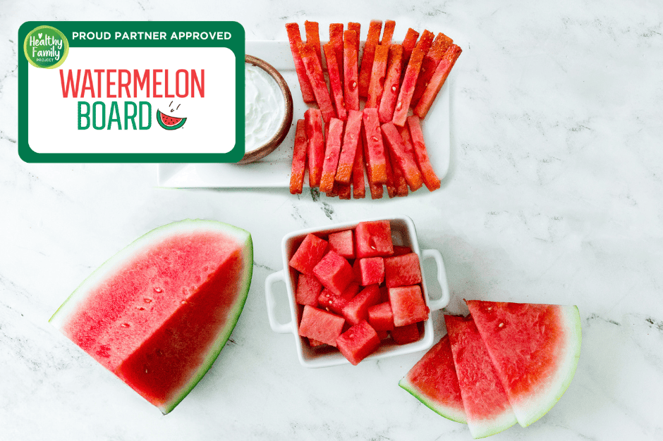 Chicken Watermelon Rind Rice Bowls Healthy watermelon board with fresh watermelon sticks, cubes, and slices paired with yogurt dip, easy summer snack idea for kids and entertaining.
