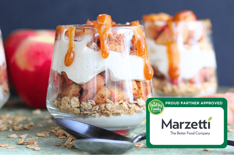 Tasty Caramel Apple Trifle Healthy apple parfait with yogurt, granola, and cinnamon apples topped with caramel drizzle, easy breakfast or snack idea.