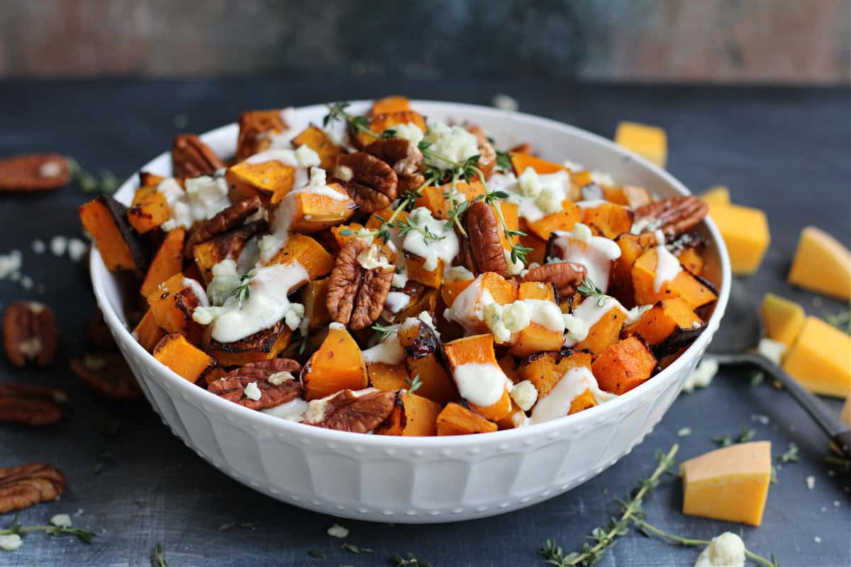 Roasted Butternut Squash with Blue Cheese and Pecans