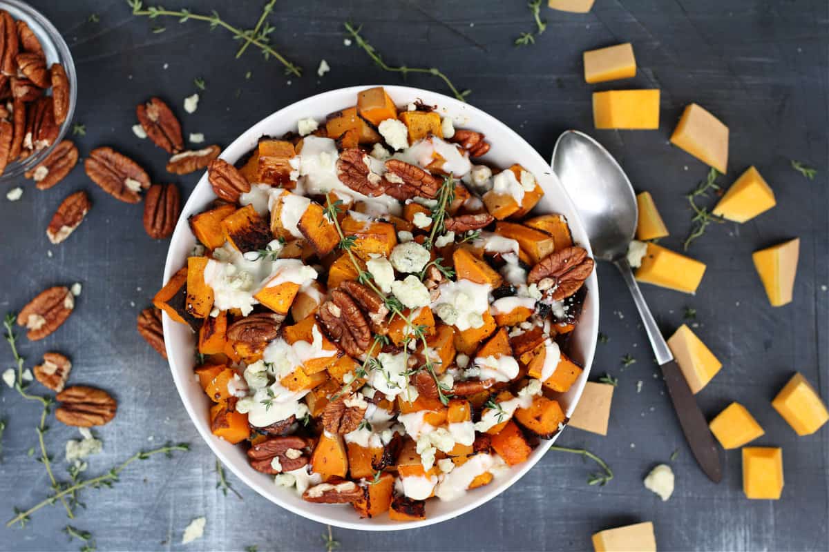 tasty roasted butternut squash with blue cheese and pecans