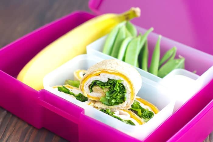 Turkey, veggies, and hummus wrap in a lunchbox.
