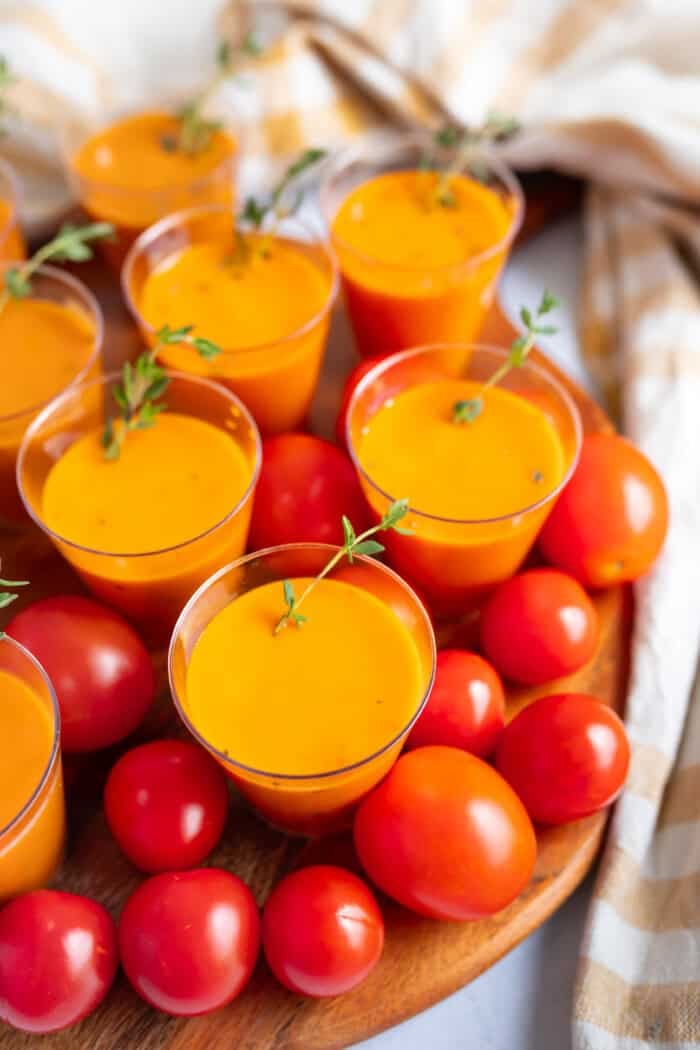 Mini tomato soup cups made with fresh cherry tomatoes.