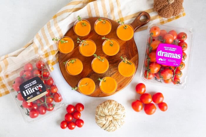 Mini tomato soup cups made with fresh cherry tomatoes.
