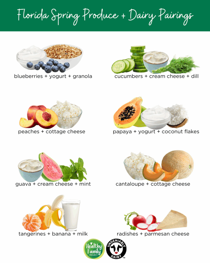 Infographic displaying Florida summer produce and dairy pairings for kids including mango with milk, passion fruit with yogurt, eggplant with marinara and mozzarella, blackberries with cream cheese and mini bagel, star fruit with yogurt and banana, eggs with mushrooms and cheddar cheese, celery with cream cheese and raisins, and avocado with cottage cheese and honey.