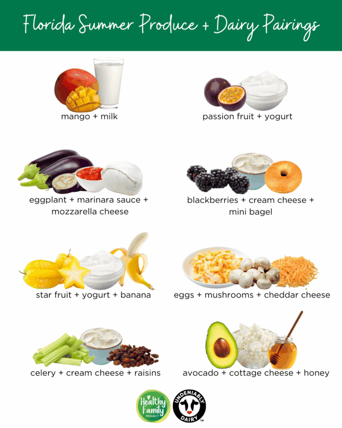 Infographic featuring Florida spring produce and dairy pairings for kids with blueberries and yogurt with granola, cucumbers with cream cheese and dill, peaches with cottage cheese, papaya with yogurt and coconut flakes, guava with cream cheese and mint, cantaloupe with cottage cheese, tangerines with banana and milk, and radishes with parmesan cheese.