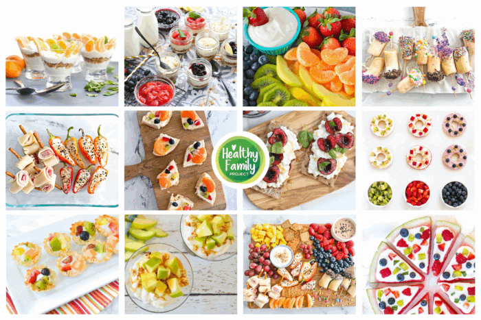 Collage of healthy kid-friendly snacks and meals featuring yogurt parfaits, fruit and yogurt bowls, cream cheese fruit dip with fresh fruit, cheese and pepper snacks, fruit pizza, snack boards, and simple dairy and produce pairings for families.