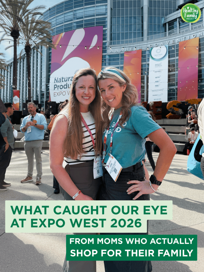 Moms attending Expo West 2026 standing in front of Natural Products Expo West signage in Anaheim Convention Center
