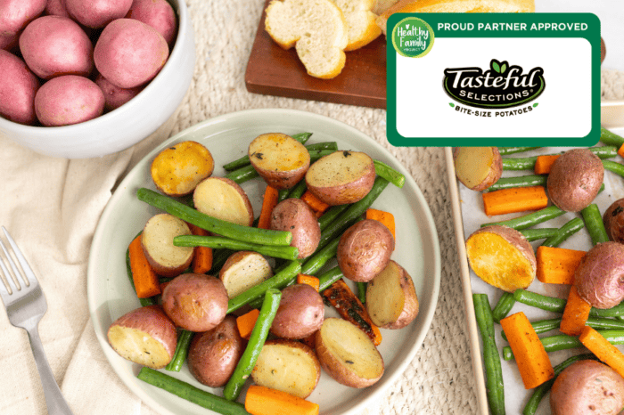 Roasted baby potatoes with green beans and carrots on a sheet pan, ready to bake as an easy vegetable side dish